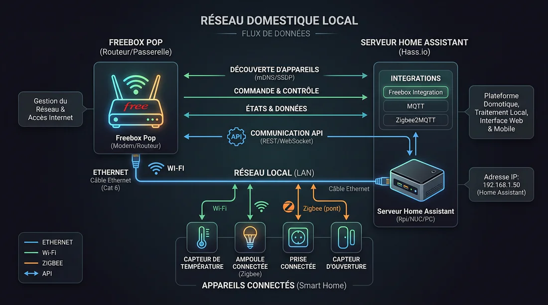 Schéma de connexion réseau API entre la Freebox Pop et le serveur Home Assistant