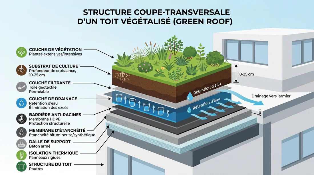 Schéma des différentes couches d'une toiture végétalisée et leurs épaisseurs