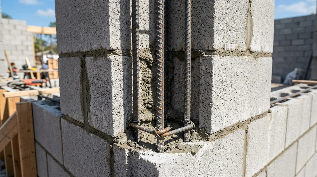 Mise en place de l'armature métallique pour le chaînage vertical dans l'angle d'un mur