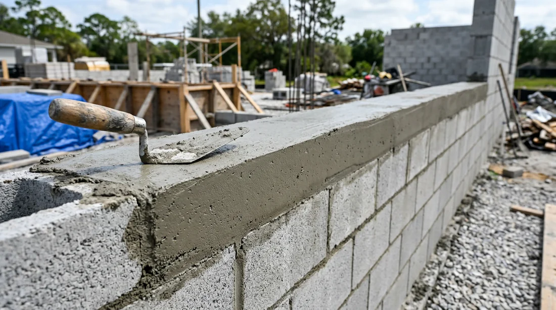 Chaînage horizontal en béton lissé au sommet d'un mur en parpaings