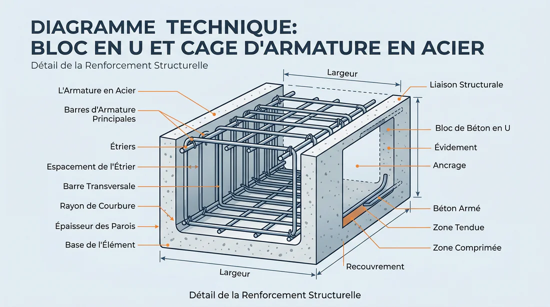 Schéma technique en coupe d'un bloc en U ferraillé pour chaînage horizontal