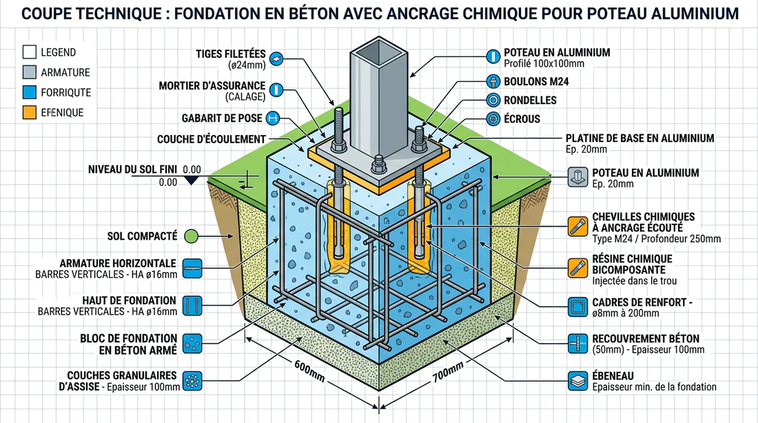 Schéma en coupe d'un massif en béton armé avec scellement chimique