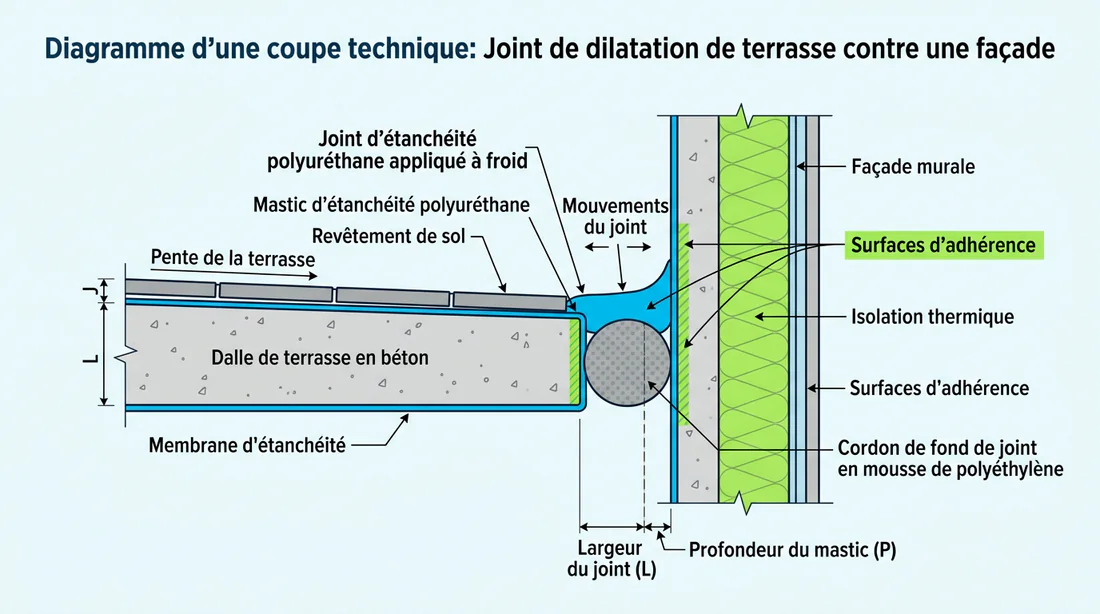 Schéma coupe technique montrant la structure d'un joint de dilatation avec fond de joint
