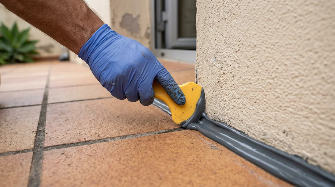Geste de lissage d'un joint en mastic polyuréthane avec une spatule