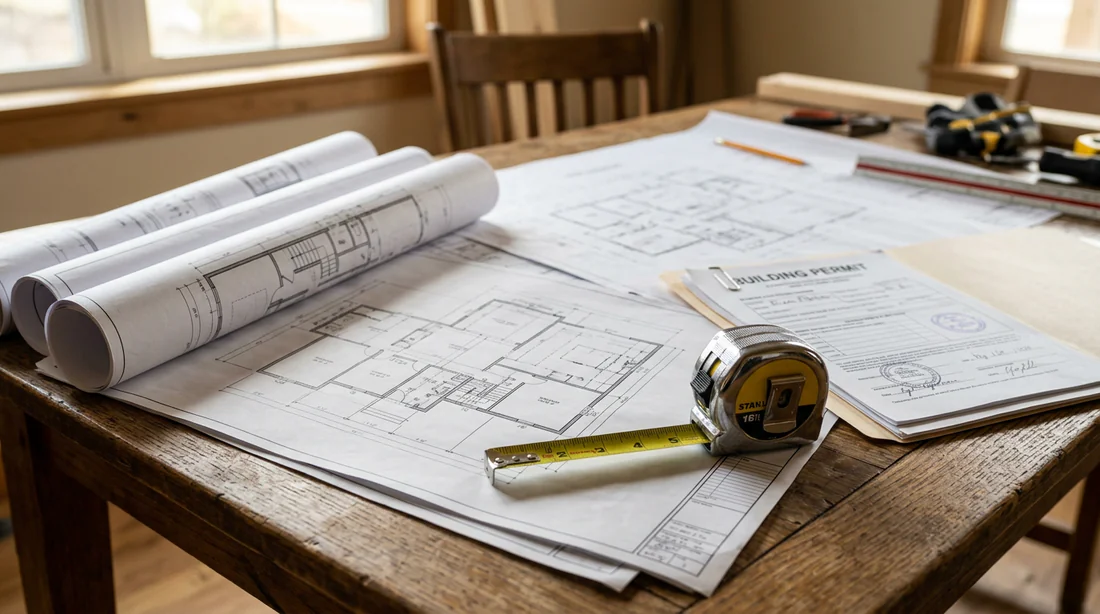 Plans d'architecte et mètres pour vérifier les distances légales de construction.