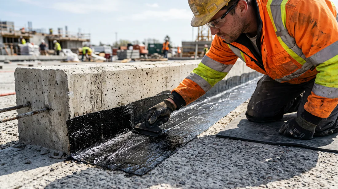 Application d'une membrane d'étanchéité au pied du surbot en béton.
