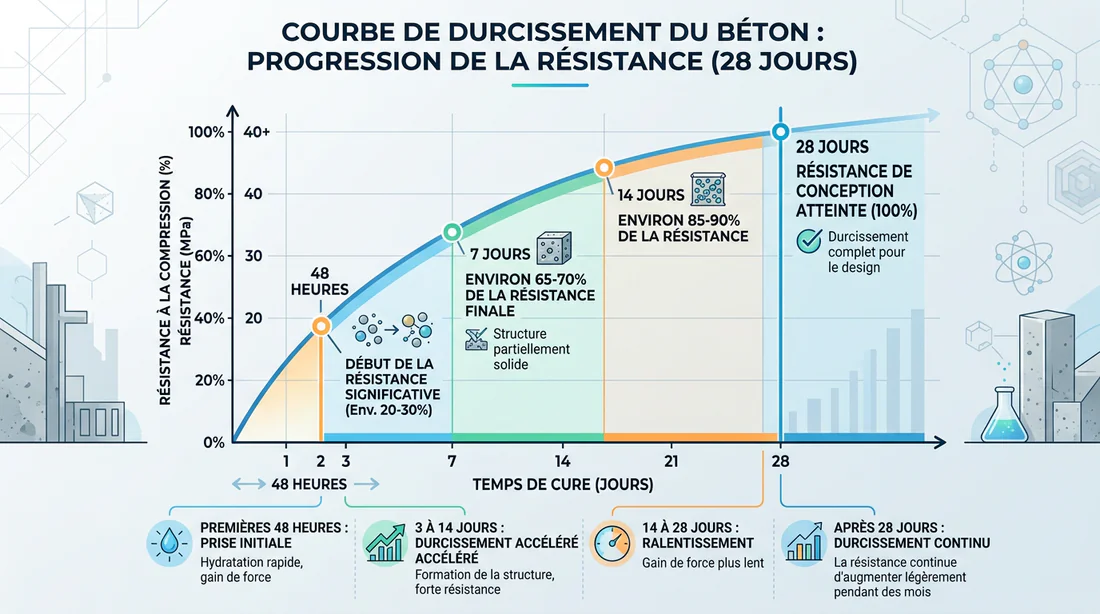 Infographie montrant la courbe de séchage et de résistance du béton en fonction des jours